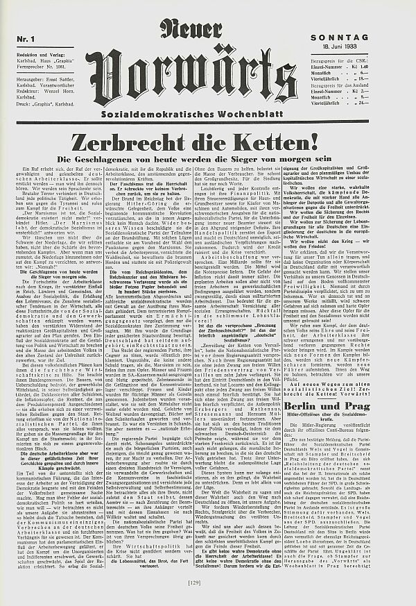Abbildung 3: "Zerbrecht die Ketten!". Titelseite des "Neuen Vorwärts" vom 18. Juni 1933