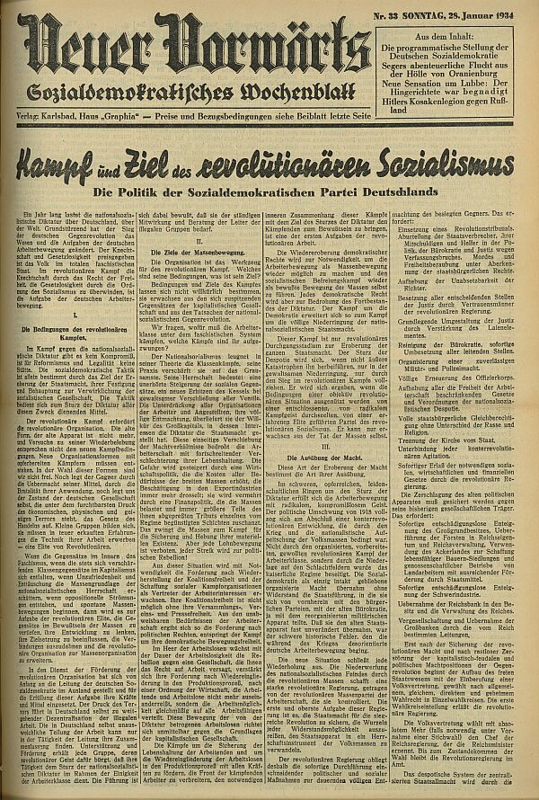 Abbildung 5: "Prager Manifest". Titelseite des "Neuen Vorwärts" vom 28. Januar 1934