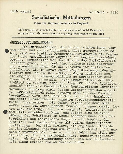 Abbildung 12: "Angriff auf das Empire". Titelseite der "Sozialistischen Mitteilungen" vom 15. August 1940 