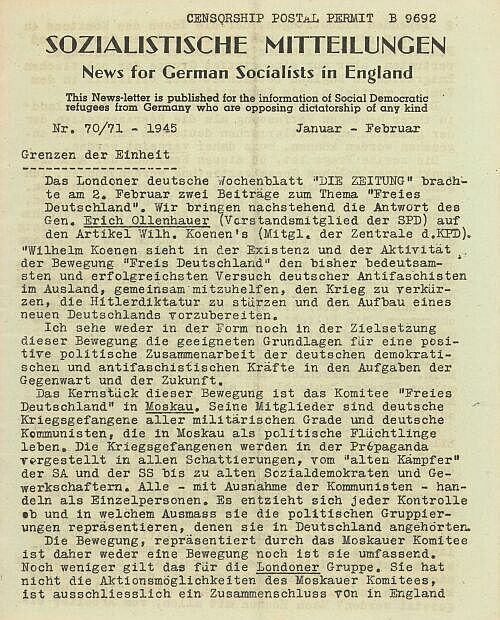 Abbildung 14: "Grenzen der Einheit". Titelblatt der "Sozialistischen Mitteilungen" von Januar/Februar 1945