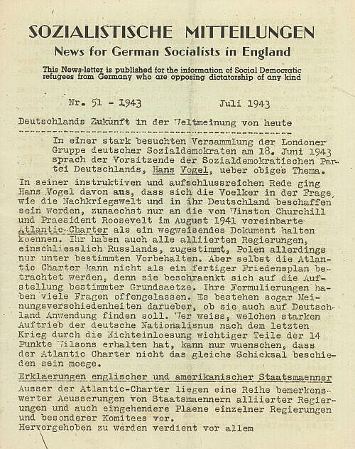Abbildung 16: "Deutschlands Zukunft in der Weltmeinung von heute". Titelblatt der "Sozialistischen Mitteilungen" vom Juli 1943