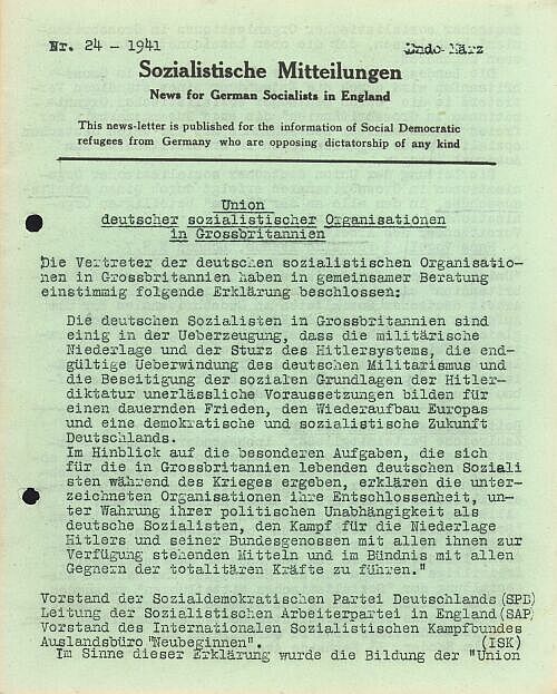 Abbildung 18: "Union deutscher sozialistischer Organisationen in Großbritannien". Bericht über die Gründung der "Union" auf der Titelseite der "Sozialistischen Mitteilungen" von Ende März 1941