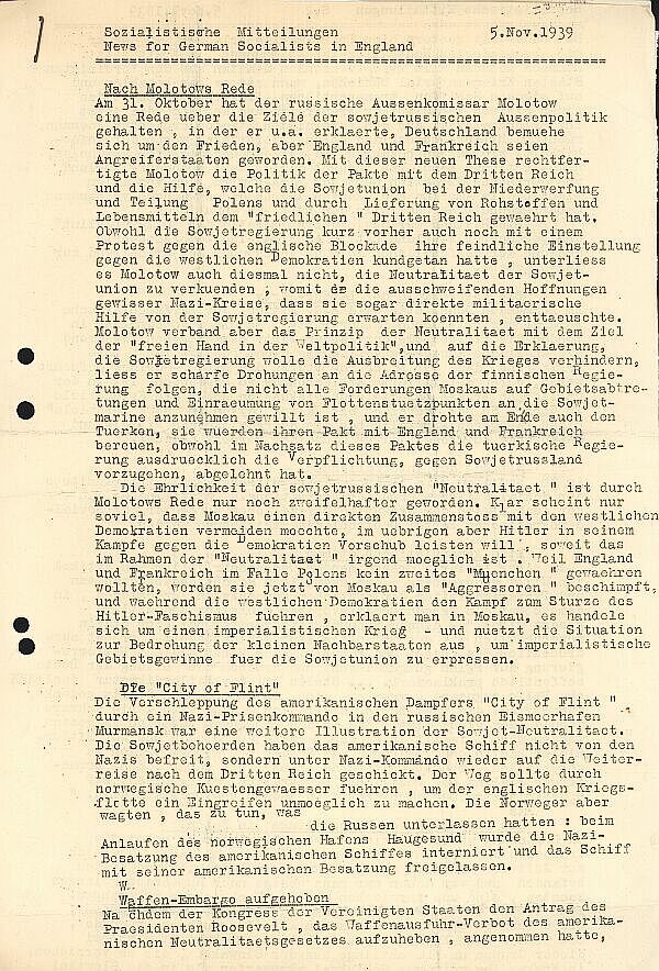 Abbildung 19: "Nach Molotows Rede". Titelseite der "Sozialistischen Mitteilungen" vom 5. November 1939