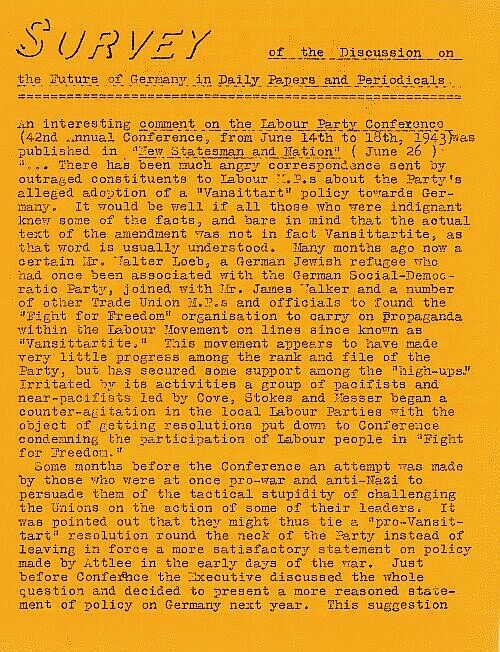 Abbildung 22: "Survey of the Discussion on the Future of Germany in Daily Papers and Periodicals". Beispiel für die 1943 regelmäßig erschienene Beilage zu den "Sozialistischen Mitteilungen" (Juli 1943)