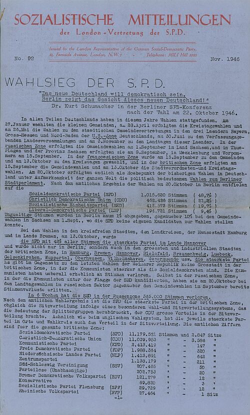 Abbildung 26: "Wahlsieg der S.P.D.". Titelseite der "Sozialistischen Mitteilungen" vom November 1946