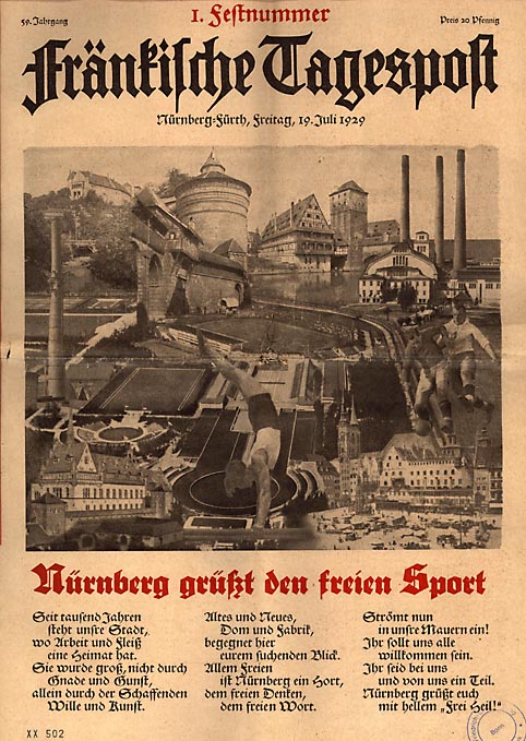Titelseite "Fränkische Tagespost", 1. Festnummer, 59. Jahrgang, Nürnberg-Fürth, Freitag, 19. Juli 1929