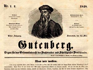 Ausschnitt eines Drucherzeugnisses aus dem Jahre 1848, zeigt das Bildnis Gutenbergs